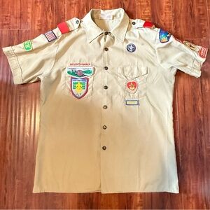 Boy Scouts Of America Shirt Adult Sz L Beige w/Patches Orange County Council.